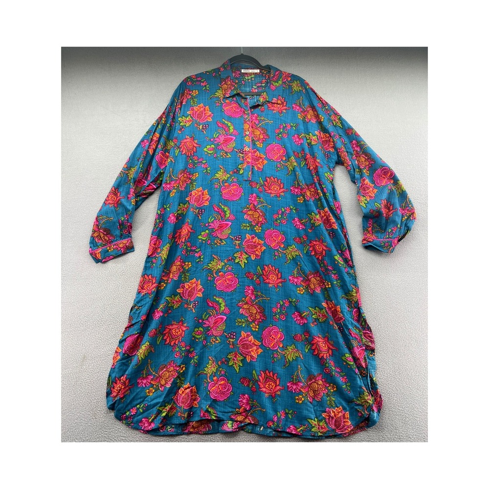 Generation Basic Teal Pink Floral Paisley Shirt Dress Long Sleeve Pockets Sz 16